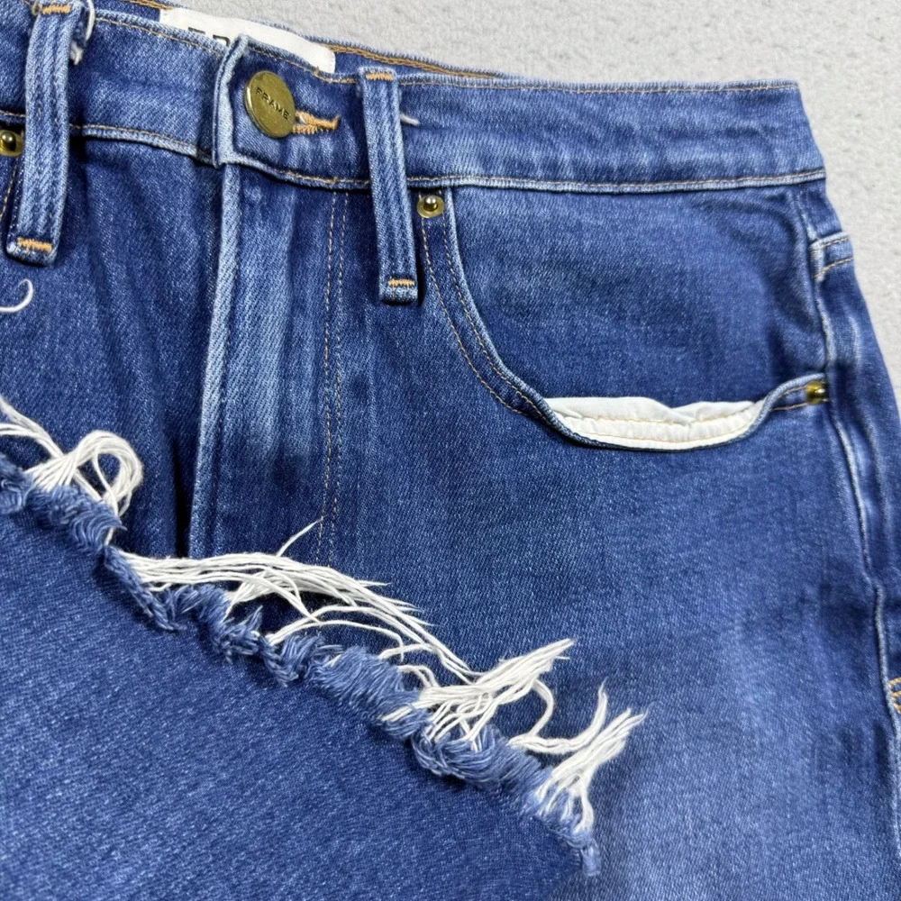 Frame Denim Le Brigette Raw Edge Shorts Long Water Blue Frayed Hem Womens 27